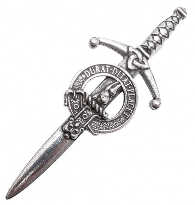 Clan Crest Pewter Kilt Pin with Ged Crest, showcasing its antique palladium finish and intricate detailing, crafted in Scotland from fine pewter.