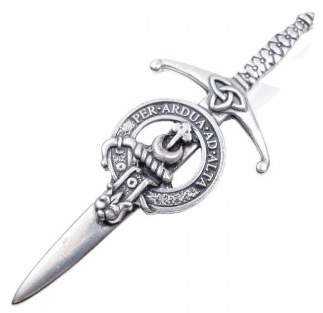 Clan Crest Pewter Kilt Pin with Hannay Crest showcasing its antique palladium finish, crafted in Scotland with over 200 clan crests available.