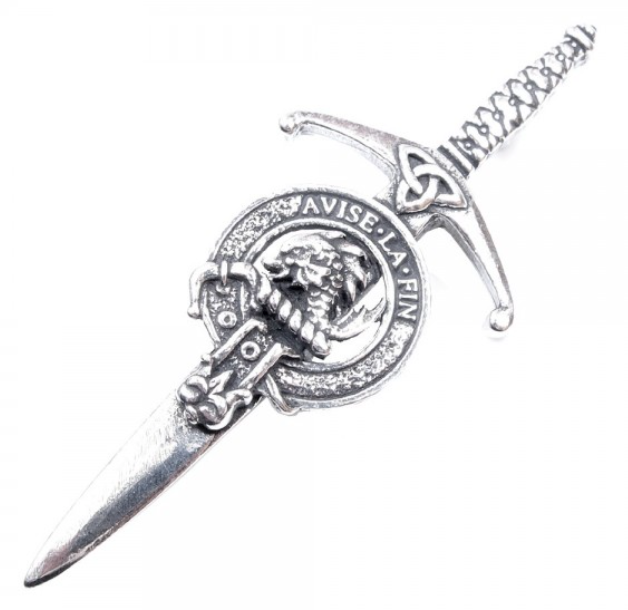 Clan Crest Pewter Kilt Pin with Kennedy Crest, showcasing an elegant broadsword design and an antique palladium finish, perfect for any kilt outfit.