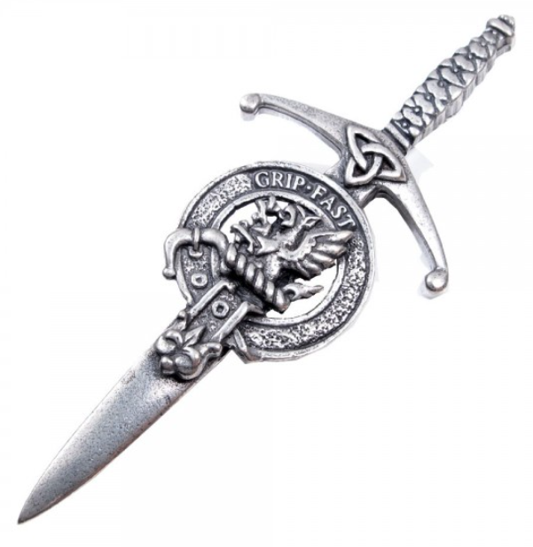Clan Crest Pewter Kilt Pin featuring the Leslie Crest, handcrafted in Scotland with an antique palladium finish.