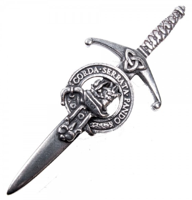 Clan Crest Pewter Kilt Pin with Lockhart Crest, featuring a traditional broadsword design in antique palladium finish, perfect for showcasing Scottish heritage.