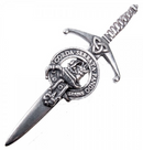 Clan Crest Pewter Kilt Pin with Lockhart Crest, featuring a traditional broadsword design in antique palladium finish, perfect for showcasing Scottish heritage.