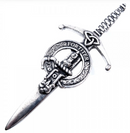 Clan Crest Pewter Kilt Pin featuring the MacAlister Crest, handcrafted in Scotland with an antique palladium finish, perfect for Scottish heritage and kilt outfits.