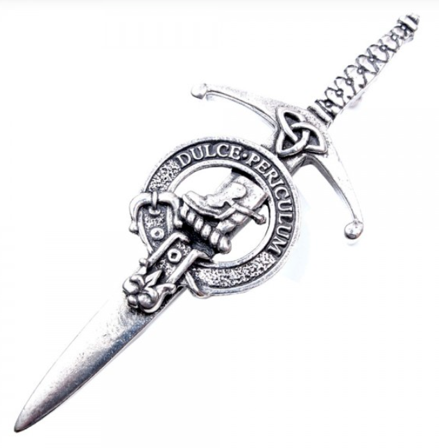 Clan Crest Pewter Kilt Pin featuring the MacAulay Crest, beautifully crafted in Scotland with an antique palladium finish, perfect for Scottish heritage and style.