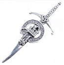 Clan Crest Pewter Kilt Pin featuring the MacDonald of Clanranald Crest, beautifully crafted with an antique palladium finish, perfect for showcasing Scottish heritage.