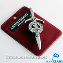 Clan Crest Pewter Kilt Pin with Armstrong Crest, elegantly crafted with antique palladium finish, showcasing traditional Scottish artistry in pewter design.