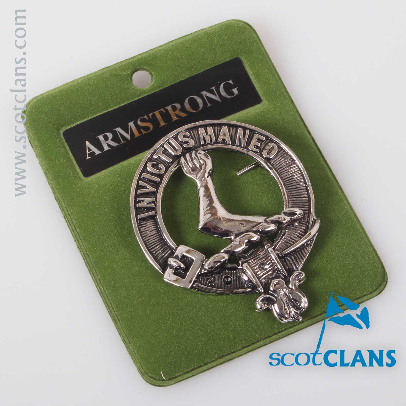 Armstrong Clan Crest Badge in Pewter, a detailed and stylish accessory representing the heritage and pride of the Armstrong clan. Perfect as a cap badge or brooch, showcasing intricate craftsmanship.