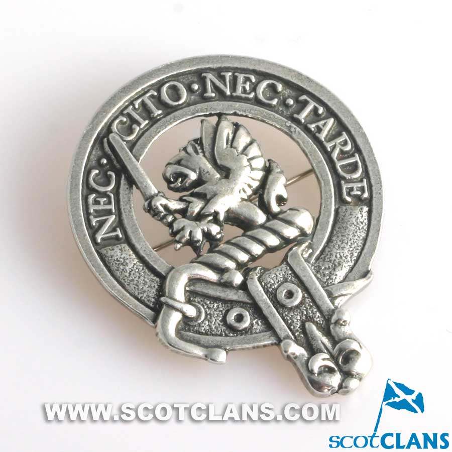 Bannatyne Clan Crest Badge in Pewter, perfect for everyday wear and clan gatherings, featuring a traditional belted design and a strong locking safety pin.