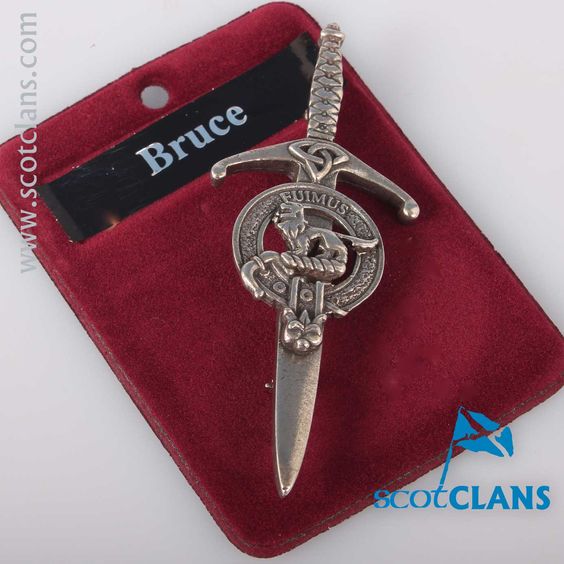 Clan Crest Pewter Kilt Pin featuring the Bruce Crest, beautifully crafted with an antique palladium finish, perfect accessory for traditional Scottish attire.