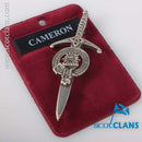 Clan Crest Pewter Kilt Pin with Cameron Crest, showcasing a beautiful broadsword design in antique palladium finish, perfect for Scottish heritage and kilt styling.