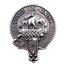 Clan Crest Badge in Pewter - St Kilda showcasing the traditional belted design symbolizing clan membership, perfect for wear at gatherings or as a cap badge.