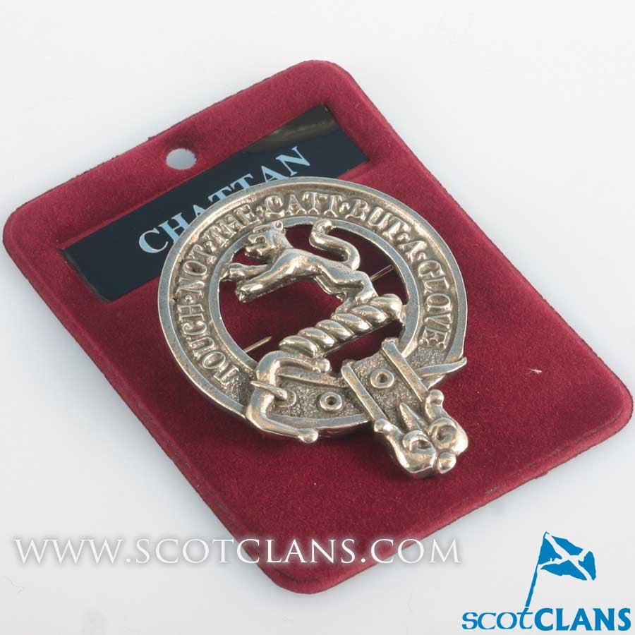 Chattan Clan Crest Badge in Pewter featuring a traditional belted design, ideal for clan gatherings or everyday wear. Size approximately 2" x 2.5".