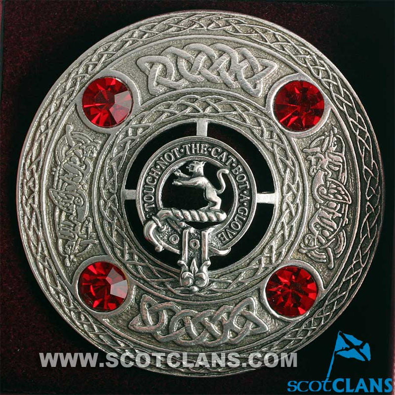 Clan Crest Pewter Plaid Brooch with Ruby Coloured Stone