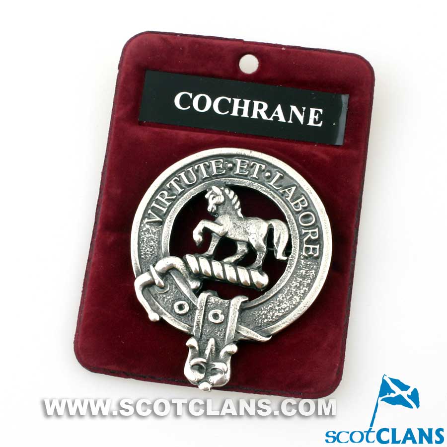 Cochrane Clan Crest Badge in Pewter showcasing traditional belted design ideal for casual wear or clan gatherings.