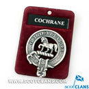 Cochrane Clan Crest Badge in Pewter showcasing traditional belted design ideal for casual wear or clan gatherings.