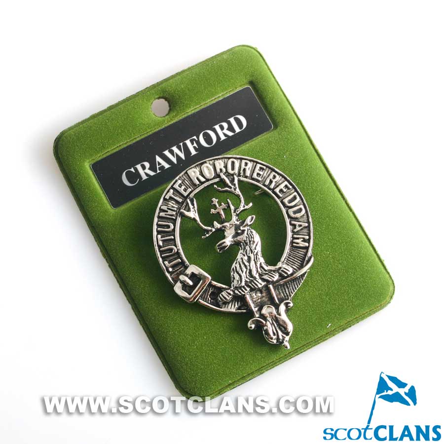 Crawford Clan Crest Badge in Pewter, a stylish 40mm cap badge or brooch pin featuring a belted design that showcases clan pride and heritage, perfect for everyday wear or special occasions.