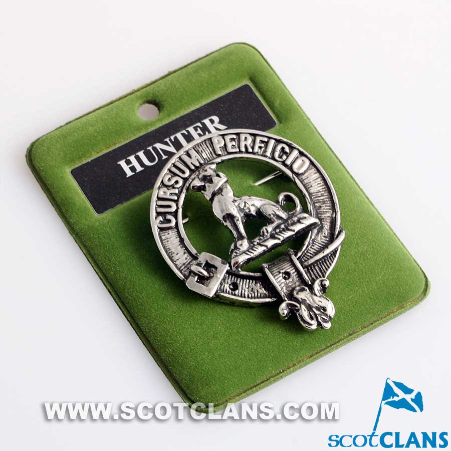 Hunter Clan Crest Badge in Pewter, a stylish and durable pewter badge featuring a classic belted clan crest design, perfect for showcasing heritage as a cap badge or brooch pin.