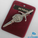 Clan Crest Pewter Kilt Pin with Dundas Crest, showcasing the intricate design and antique palladium finish, crafted in Scotland from high-quality pewter.