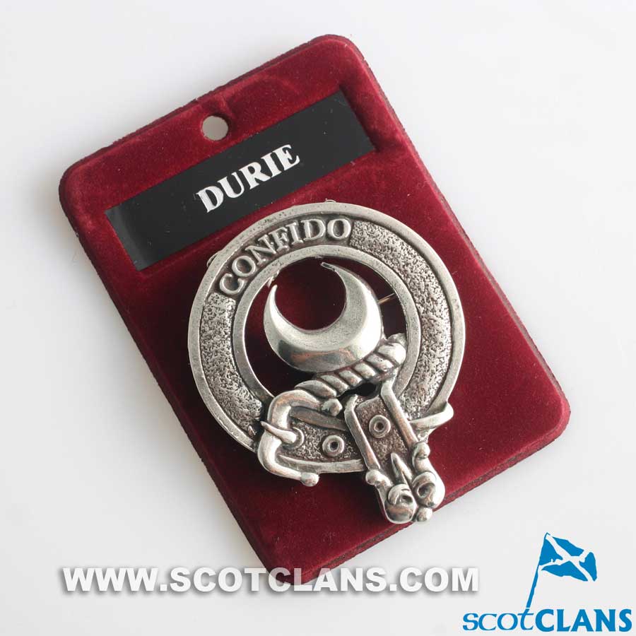 Durie Clan Crest Badge in Pewter featuring a traditional belted design, perfect for everyday wear and clan gatherings. Wear it as a cap badge or brooch pin.