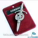 Clan Crest Pewter Kilt Pin with Gordon Crest, showcasing an antique palladium finish, perfect for adding a touch of Scottish heritage to your kilt.