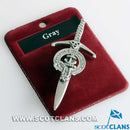 Clan Crest Pewter Kilt Pin with Gray Crest, showcasing an antique palladium finish, crafted in Scotland from high-quality pewter.