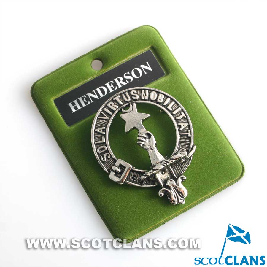 Henderson Clan Crest Badge in Pewter, a stylish emblem showcasing clan pride, made from high-quality pewter and palladium, perfect for wearing as a cap badge or large brooch pin.