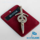 Clan Crest Pewter Kilt Pin with Hunter Crest, showcasing Scottish craftsmanship in a stylish broadsword design, perfect for kilt enthusiasts.