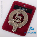 Scott Clan Crest Badge in Pewter showing traditional design with belted clansman emblem, perfect for cap or brooch use.