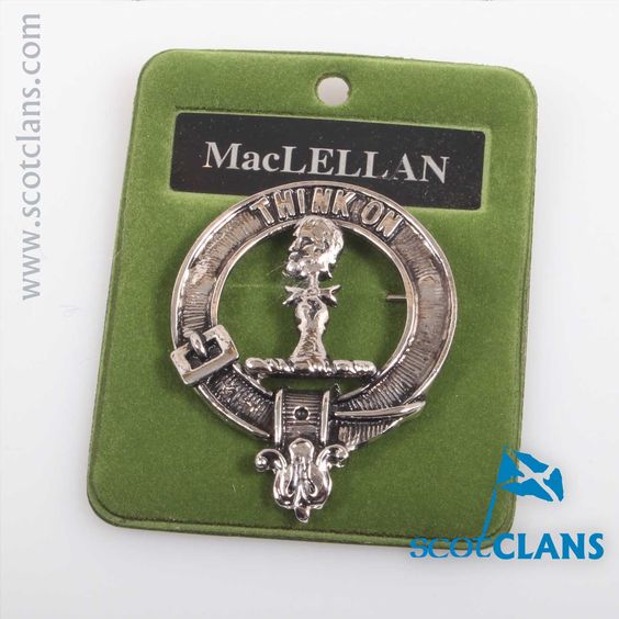 MacLellan Clan Crest Badge in Pewter featuring a traditional design, made from high-quality pewter and coated in palladium for a striking look, ideal for showcasing clan pride as a cap badge or brooch.