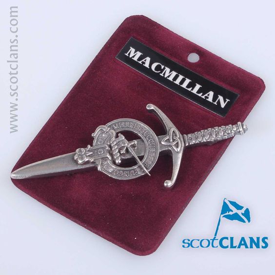 Clan Crest Pewter Kilt Pin with MacMillan Crest, a beautifully crafted broadsword style kilt pin made from traditional pewter with an antique palladium finish, perfect for showcasing clan heritage.