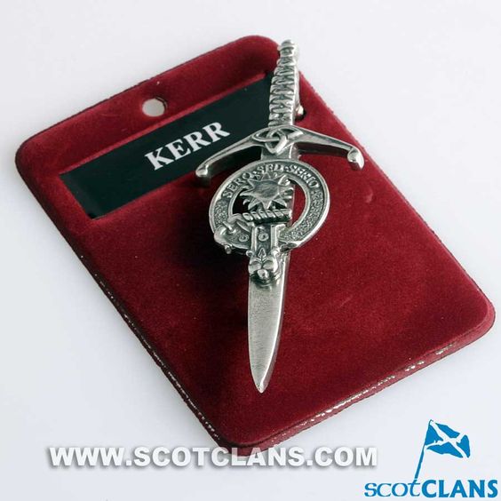 Clan Crest Pewter Kilt Pin with Kerr Crest - A beautifully crafted broadsword style kilt pin featuring an antique palladium finish, showcasing the unique Kerr clan crest.