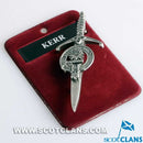 Clan Crest Pewter Kilt Pin with Kerr Crest - A beautifully crafted broadsword style kilt pin featuring an antique palladium finish, showcasing the unique Kerr clan crest.
