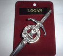 Clan Crest Pewter Kilt Pin with Logan Crest, featuring an antique palladium finish and traditional Scottish craftsmanship.