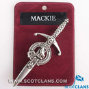 Clan Crest Pewter Kilt Pin with MacKie Crest showcasing its antique palladium finish and traditional Scottish craftsmanship, perfect for tartan outfits.
