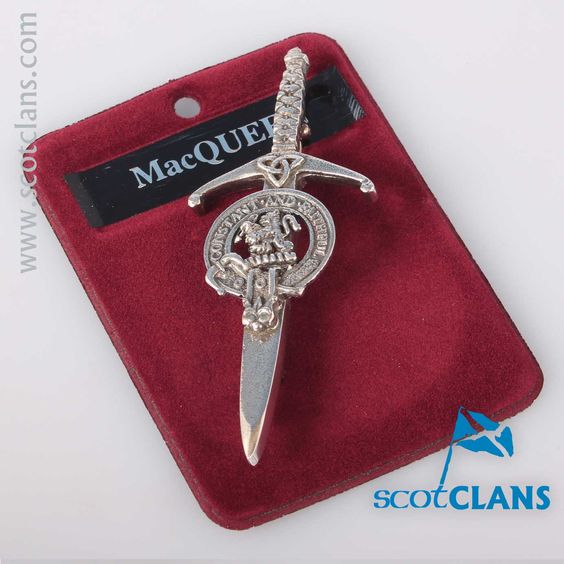 Clan Crest Pewter Kilt Pin with MacQueen Crest showcasing antique palladium finish and traditional Scottish craftsmanship.