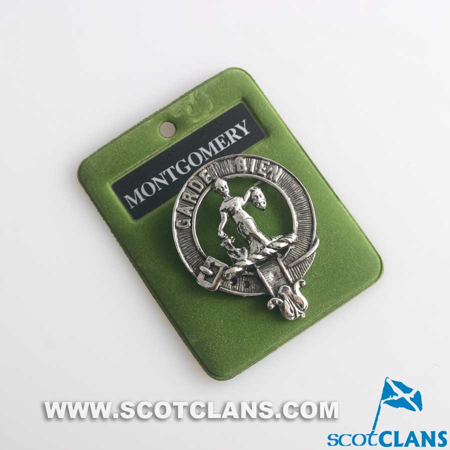 Montgomery Clan Crest Badge in Pewter, showcasing a traditional design with belted crest details, perfect for displaying clan pride in style.
