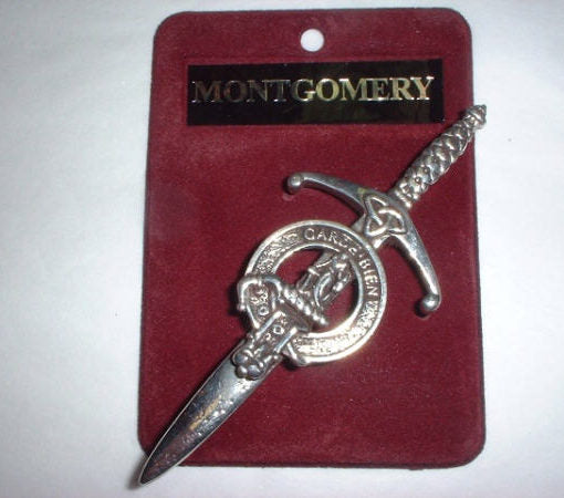Clan Crest Pewter Kilt Pin with Montgomery Crest - elegantly crafted pewter kilt pin featuring traditional Scottish design, perfect for showcasing your clan heritage.