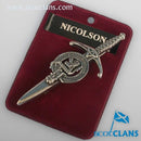 Clan Crest Pewter Kilt Pin with Nicolson Crest, featuring an antique palladium finish, handcrafted in Scotland from high-quality pewter.