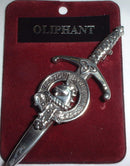 Clan Crest Pewter Kilt Pin with Oliphant Crest showcasing elegant antique palladium finish and detailed craftsmanship, ideal for Scottish heritage attire.