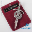 Clan Crest Pewter Kilt Pin with Robertson Crest, showcasing fine pewter craftsmanship, antique palladium finish, approved by the Standing Council of Scottish Chiefs.