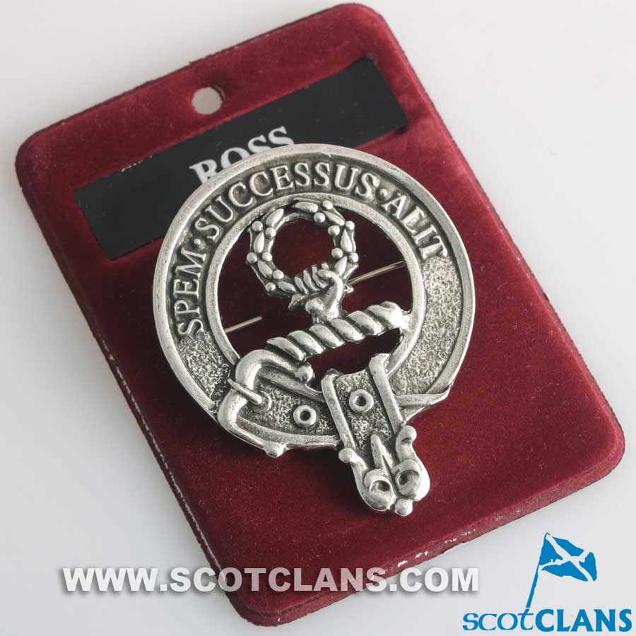 Ross Clan Crest Badge in Pewter, designed with a traditional belted pattern, perfect for cap or brooch wear