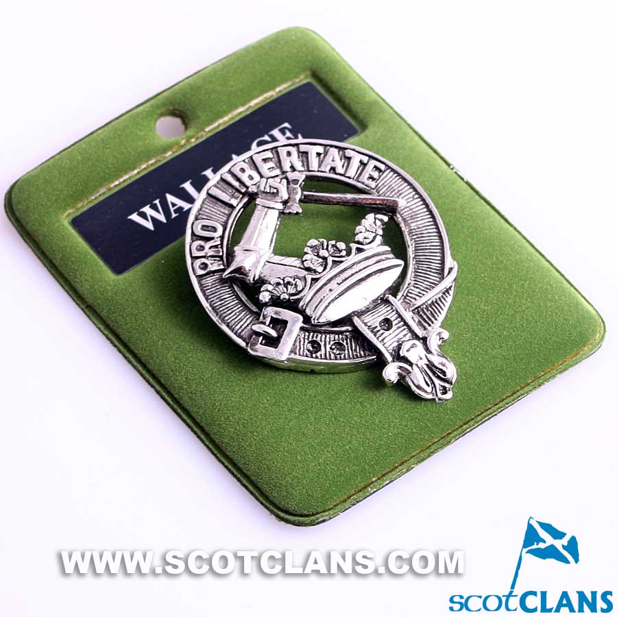 Wallace Clan Crest Badge in Pewter showcasing elegant design and heritage. Perfect accessory for clan pride.