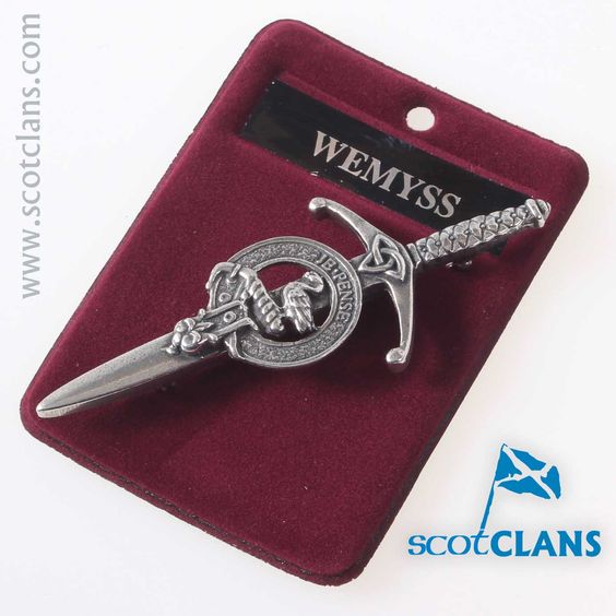 Clan Crest Pewter Kilt Pin featuring Wemyss Crest, showcasing a beautifully crafted broadsword style pin with an antique palladium finish, representing Scottish heritage.