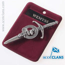 Clan Crest Pewter Kilt Pin featuring Wemyss Crest, showcasing a beautifully crafted broadsword style pin with an antique palladium finish, representing Scottish heritage.