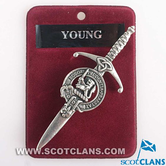 Clan Crest Pewter Kilt Pin with Young Crest - beautifully crafted pewter broadsword style kilt pin with an antique palladium finish, representing Scottish tradition.