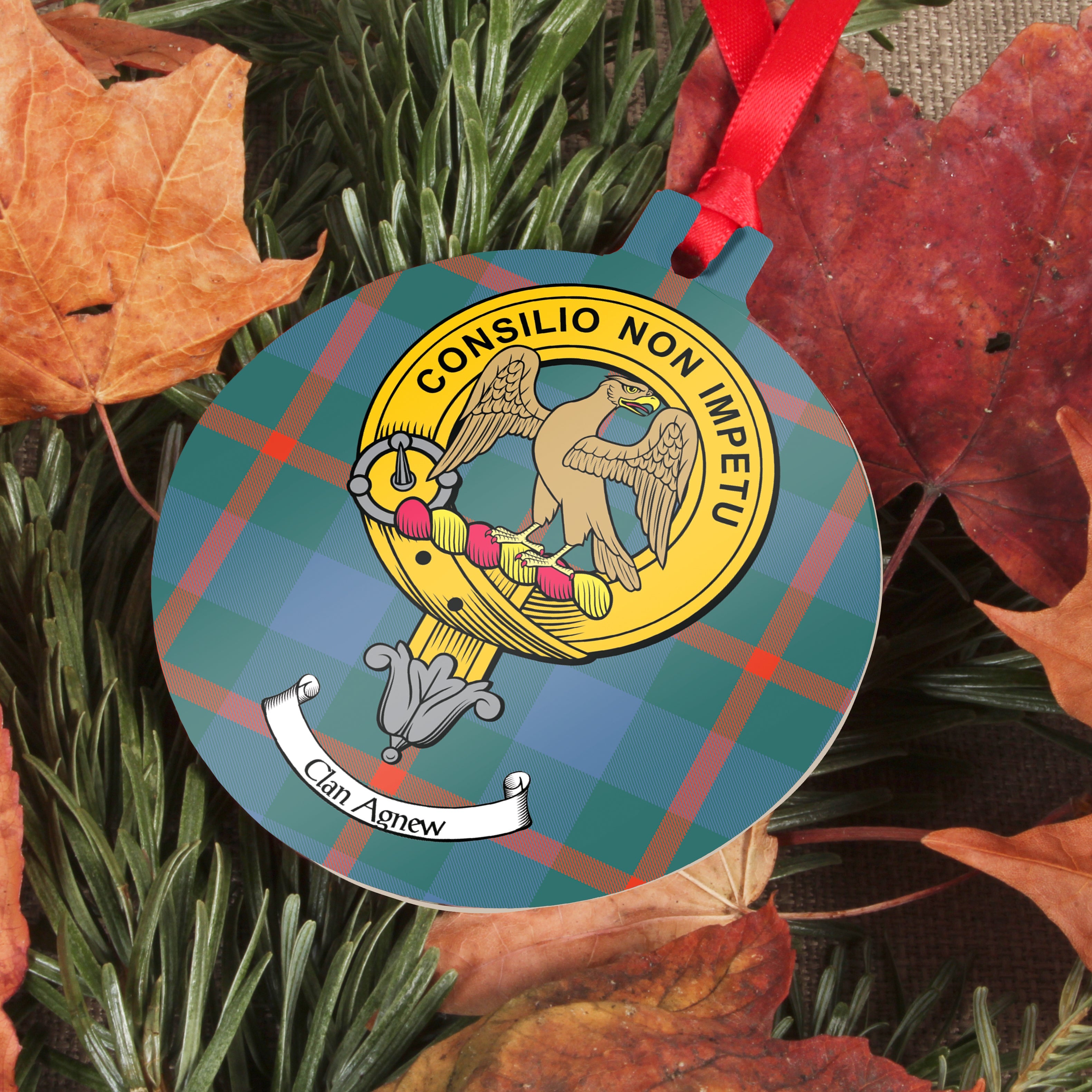 Agnew Clan Crest and Tartan Metal Christmas Ornament - 6 Styles Available