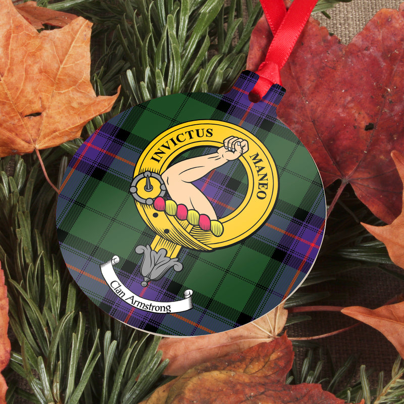Armstrong Clan Crest and Tartan Metal Christmas Ornament - 6 Styles Available