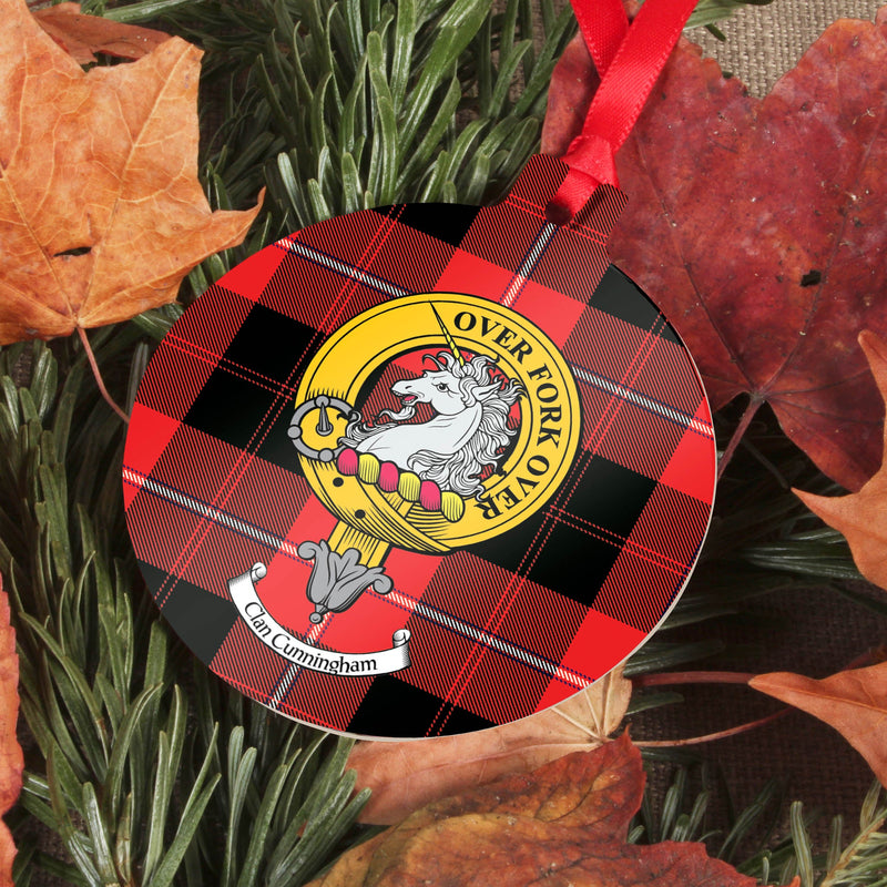 Cunningham Clan Crest and Tartan Metal Christmas Ornament - 6 Styles Available