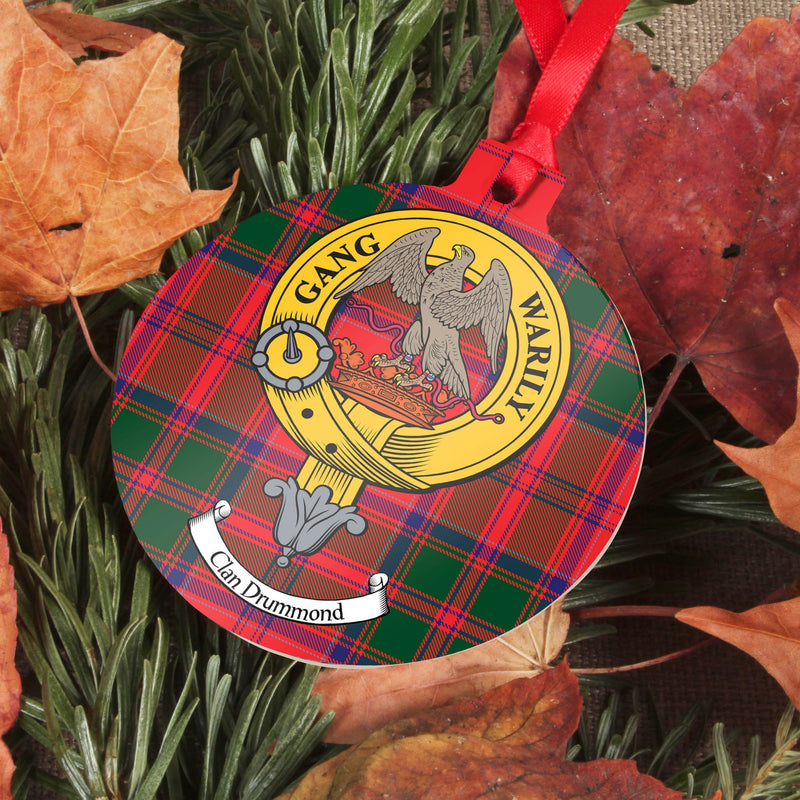 Drummond Clan Crest and Tartan Metal Christmas Ornament - 6 Styles Available