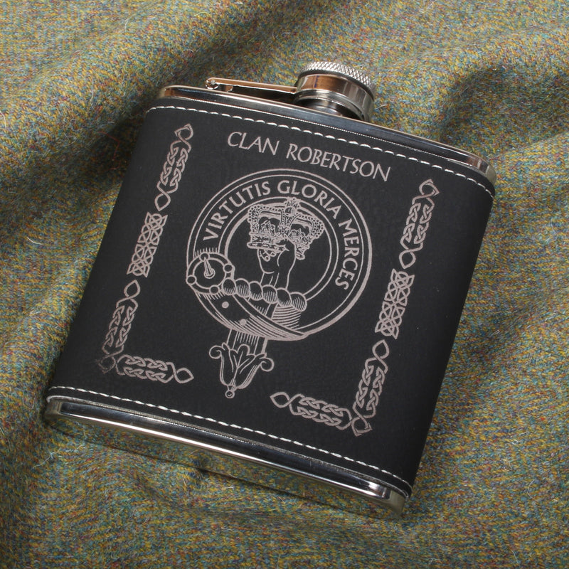 Robertson Clan Crest Black PU Leather Covered Hip Flask